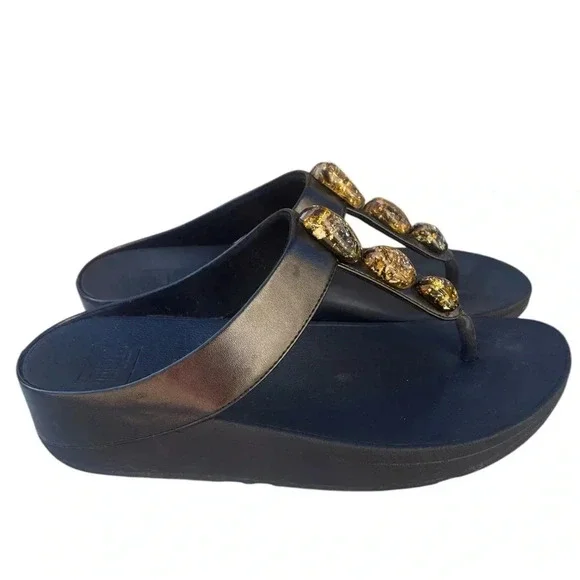 FitFlop Women's Heels Open Toe Sandals wedge black cascade stone size 8.5 used - Picture 2 of 7